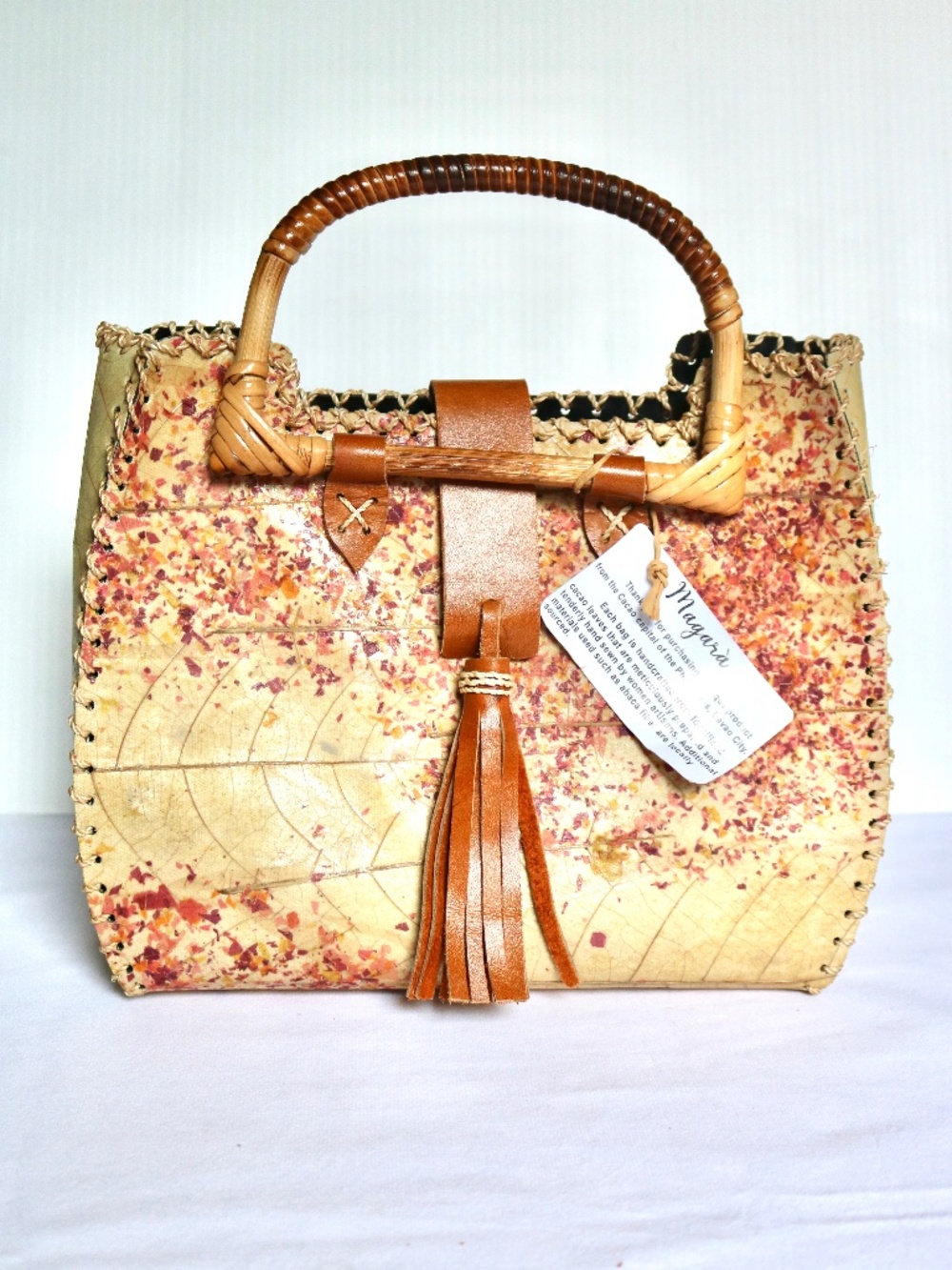 MAGARA Fossilized Cacao Leaves Handbag Purse Hand Sewn Philippines Unique